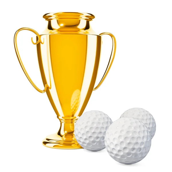 Gold Trophy Cup Award Golf Balls Rendering Isolated White Background — Stock Photo, Image