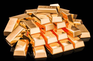 Siyah arka planda, 3d render altın külçe yığını