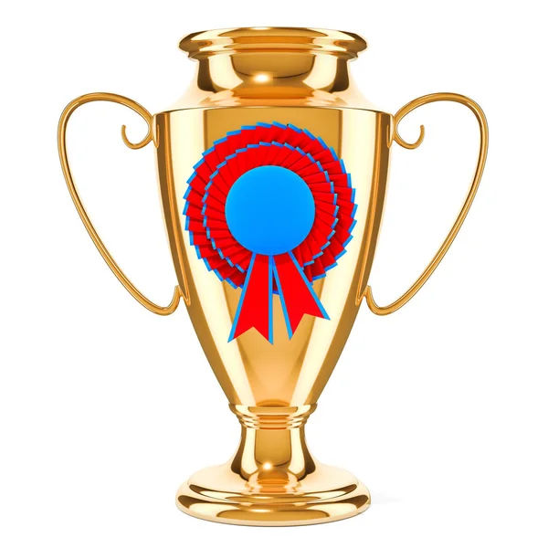 Gold trophy cup award with medal badge from ribbons, 3D rendering isolated on white background