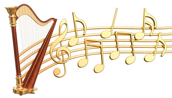 Concept Musical Harpe Avec Notes Musique Rendu Isolé Sur Fond — Photo