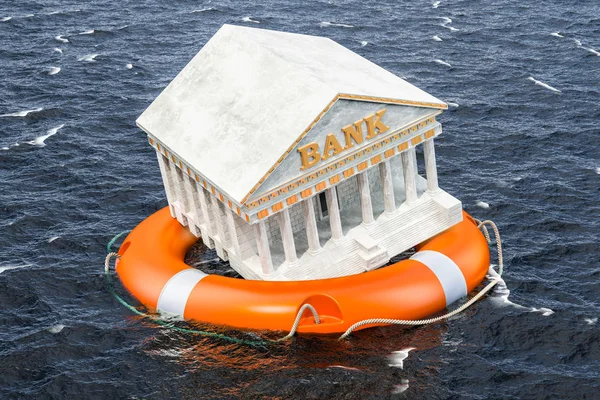 金融保护免受银行倒闭的侵害 救生圈与银行大楼在水中游泳 — 图库照片