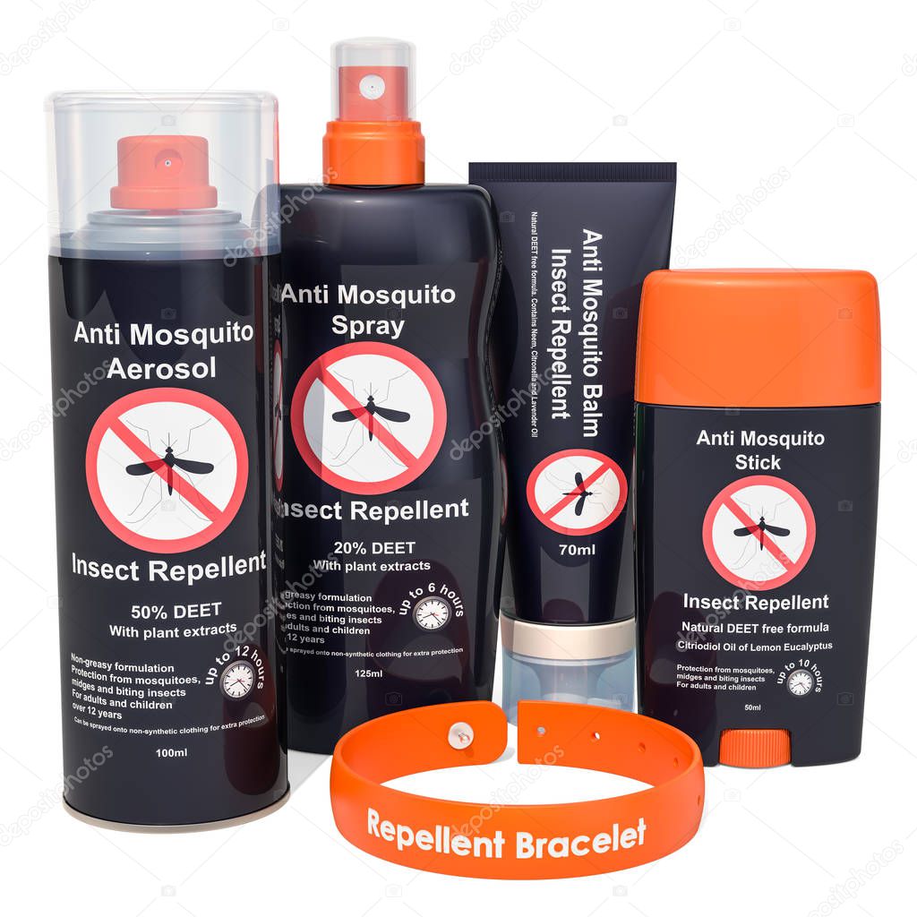 Anti-mosquito, insect repellent products. 3D rendering isolated on white background