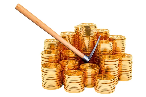 Bitcoin Mining Koncepcja Kilof Bitcoin Monety Renderowania — Zdjęcie stockowe