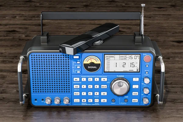 Rádio Digital Moderno Mesa Madeira Renderização — Fotografia de Stock