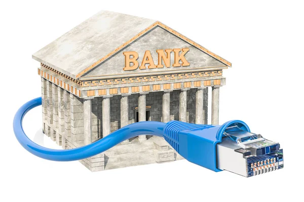 Online Banking Concept Bank Building Land Cable Rendering Isolated White — Stock Photo, Image