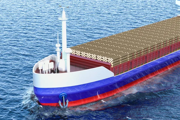 Timber export, wood trade from Russia concept. Russian freighter ship with wooden logs in ocean, 3D renderin