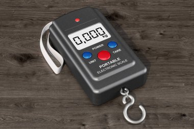 Ahşap masa, 3d render taşınabilir elektronik ölçekte