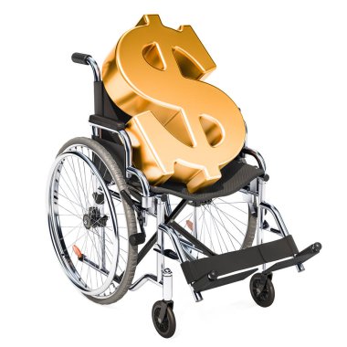 Doları sembolü, mali destek kavramı ile tekerlekli sandalye. Beyaz arka plan üzerinde izole 3d render