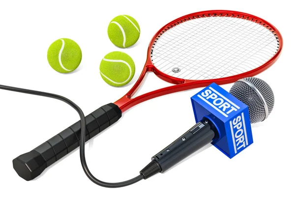 Tennis Nyheter Koncept Mikrofon Sportnyheter Med Tennisboll Och Racket Rendering — Stockfoto