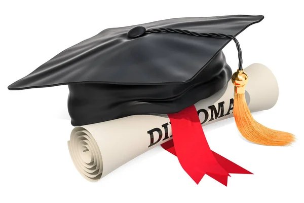 毕业帽和文凭卷轴 渲染在白色背景下隔离 — 图库照片