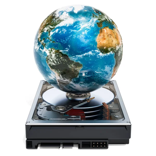 Disque Dur Hdd Avec Earth Globe Concept Stockage Rendu Isolé — Photo