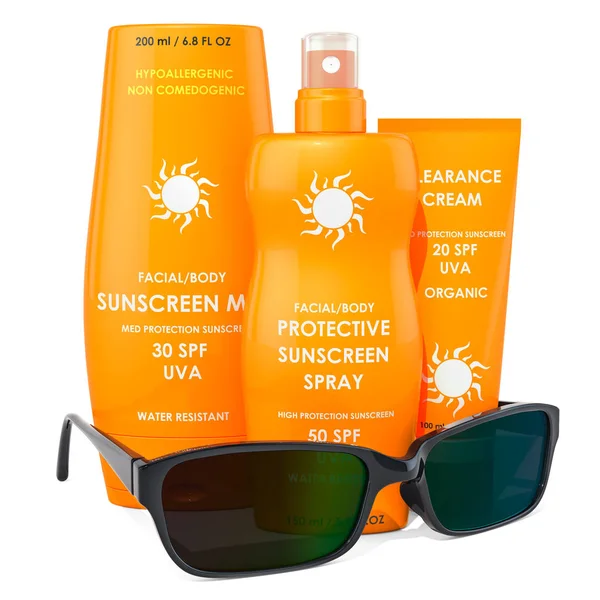 Sunscreen products with sunglasses. 3D rendering isolated on white background