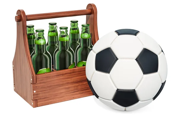 Soccer Ball Glass Beer Bottles Wooden Packaging Rendering — Stock Photo, Image
