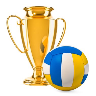 Altın kupa Kupası Ödülü voleybol topu, beyaz arka plan üzerinde izole 3d render ile