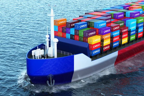 French Freighter Ship Cargo Containers Sailing Ocean Rendering — Stock Photo, Image