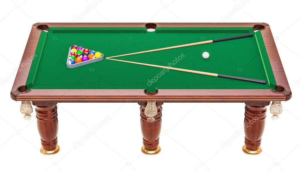 Billiard table with balls and cue, 3D rendering isolated on white background