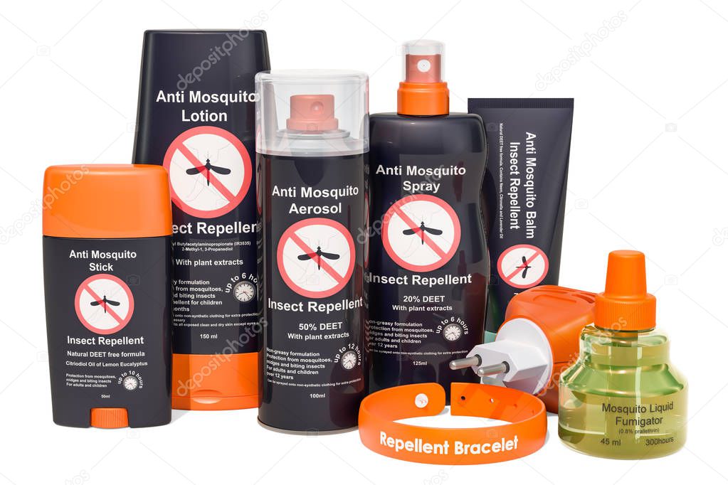 Set of insect repellent products, 3D rendering isolated on white background