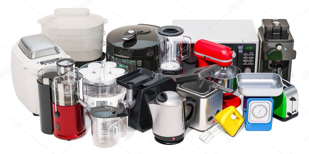 Set of small kitchen home appliances. Toaster, kettle, food steamer, mixer, blender, 