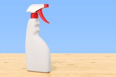 Sprey şişe ahşap masa üzerinde temizlik. 3D render