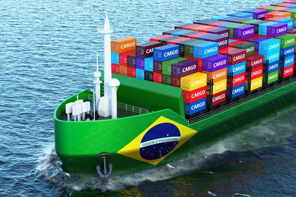 Buque Carga Brasileño Con Contenedores Carga Navegando Océano Representación — Foto de Stock