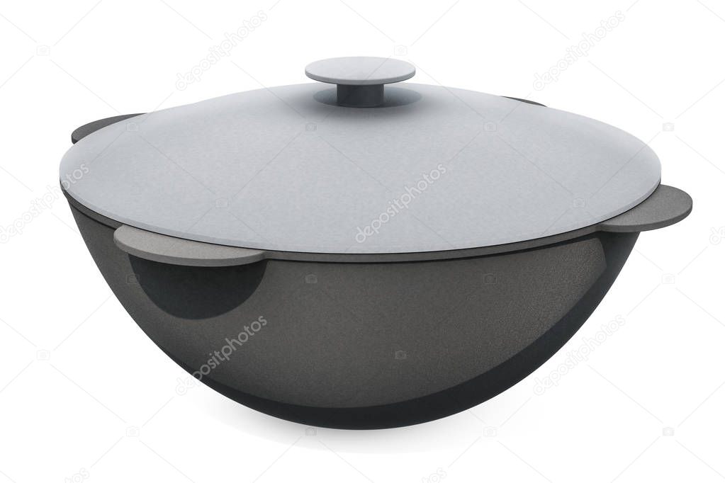 Cast iron cauldron, kazan. 3D rendering isolated on white background