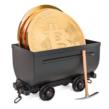 Bitcoin incelemesi kavramı. Mayın sepeti bit sikke ve kazma, üzerinde beyaz adam izole 3d render ile