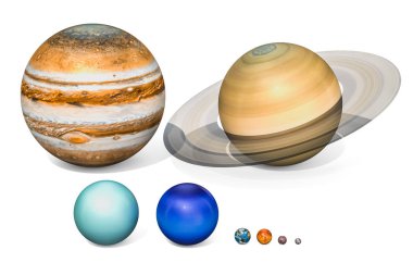 Güneş sisteminin gezegenleri. Jüpiter, Satürn, Uranüs, Neptuno, toprak, Venüs, Mars, Merkür. Beyaz arka plan üzerinde izole 3d render