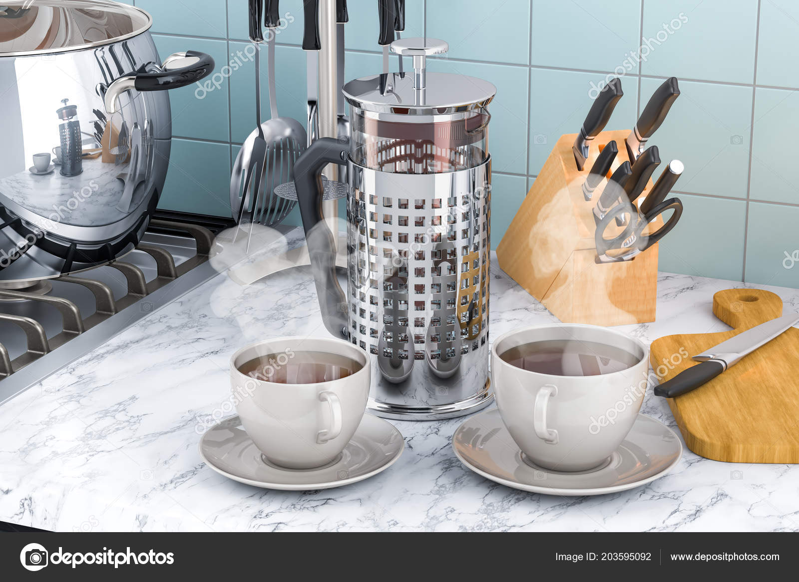 French Press Coffee Tea Maker Cups Tea Coffee Kitchen Table