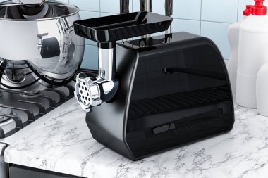 Mutfak masasının üzerinde siyah elektrik kıyma makinesi. 3D render