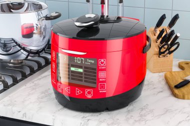 Mutfak masasının üzerinde otomatik Multicooker. 3D render