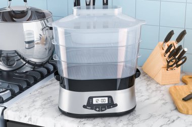 Gıda steamer mutfak masasının üzerinde. 3D render