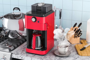 Modern kahve veya kahve makinesi Mutfak masasının üzerinde. 3D render