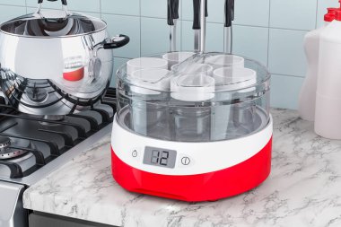 Yoğurt makinesi closeup mutfak masasının üzerinde. 3D render