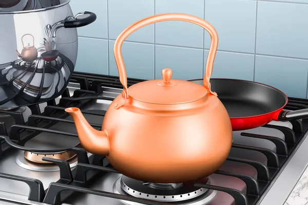 Copper Kettle Gas Stove Kitchen Interior Rendering — Stock Photo, Image