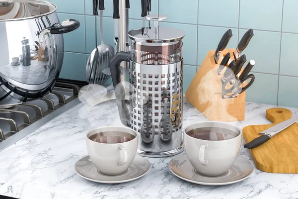 Fransız Basın Kahve Veya Çay Makinesi Ile Bardak Çay Kahve — Stok fotoğraf