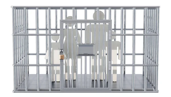 Stahlkäfig Gefängniszelle Mit Familie Darstellung Isoliert Auf Weißem Hintergrund — Stockfoto