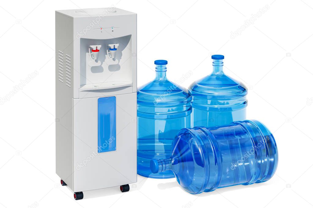 Water cooler with water dispenser bottles, 3D rendering isolated on white background