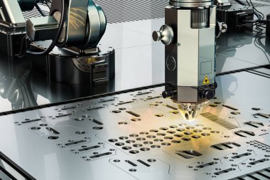Lazer kesim tarafından robotik kol closeup, 3d render