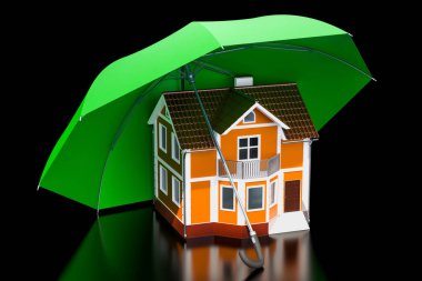 Ev güvenlik ve koruma kavramı. Ev şemsiye, siyah arka plan üzerine izole 3d render altında