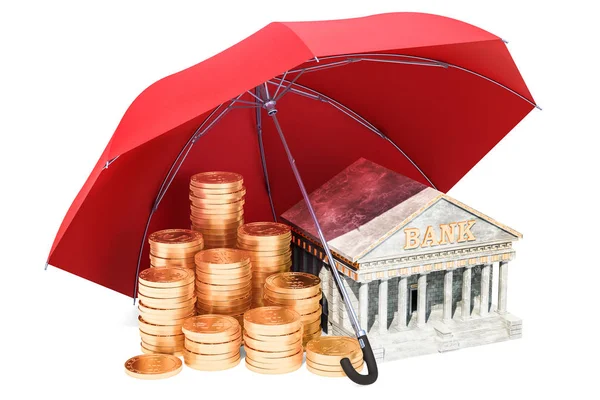 金币和银行楼下的雨伞 金融保险的概念 — 图库照片