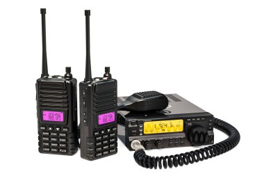 Amateur radio transceiver with push-to-talk microphone switch and portable radios walkie-talkie, 3D rendering clipart
