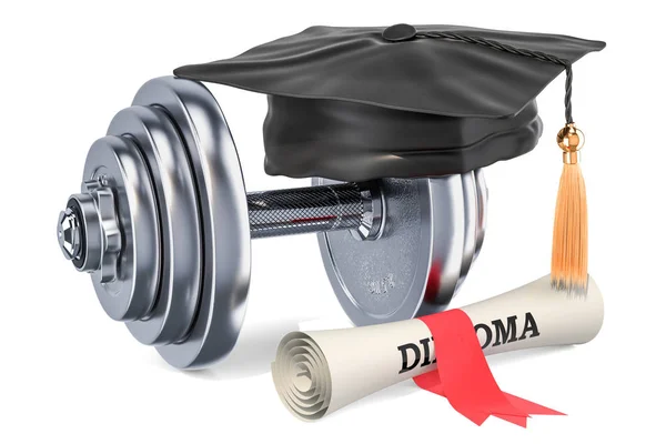 Dumbbell Graduation Cap Diploma Rendering Isolated White Background — Stock Photo, Image