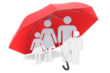 Aile şemsiyesi altında. Sağlık ve tıbbi sigorta kavramı. Beyaz arka plan üzerinde izole 3d render