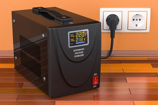 Automatic Voltage Stabilizer Wooden Floor Connected Outlet Rendering — Stock Photo, Image