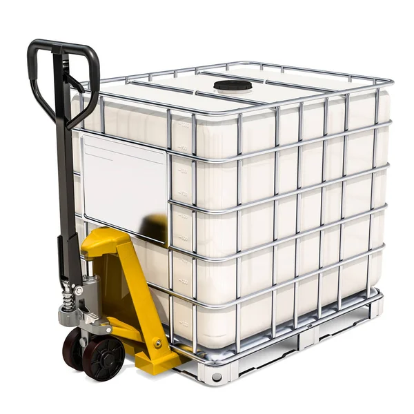 Hydraulic Pallet Jack White Intermediate Bulk Container Rendering Isolated White — Stock Photo, Image