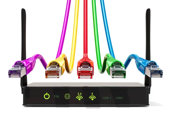 Netzwerkverbindungskonzept Router Mit Farbigen Lan Kabeln Darstellung Isoliert Auf Weißem — Stockfoto