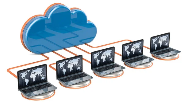 Internet connection concept. Computer cloud with laptops. 3D rendering isolated on white background