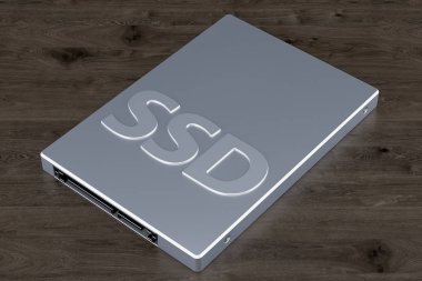 Katı hal sürücü Ssd ahşap arka planda, 3d render