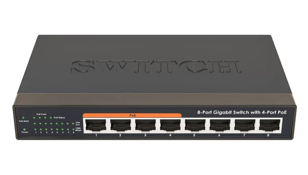 8 port Gigabit Ethernet switch. 3D rendering isolated on white background