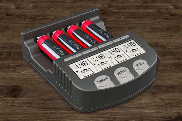 Smart AA AAA Battery Charger with batteries on the wooden background,  3D rendering